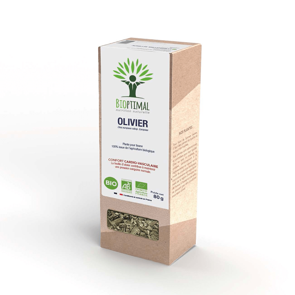 Boîte de l’infusion de olivier bio Bioptimal sur fond blanc