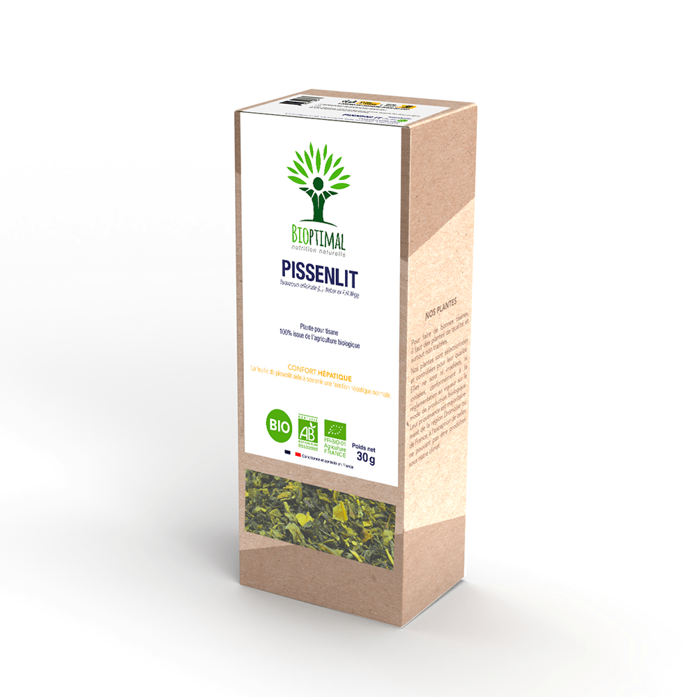 Boîte de l’infusion de pissenlit bio Bioptimal sur fond blanc