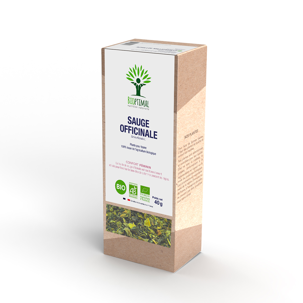 Boîte de l’infusion de sauge bio Bioptimal sur fond blanc