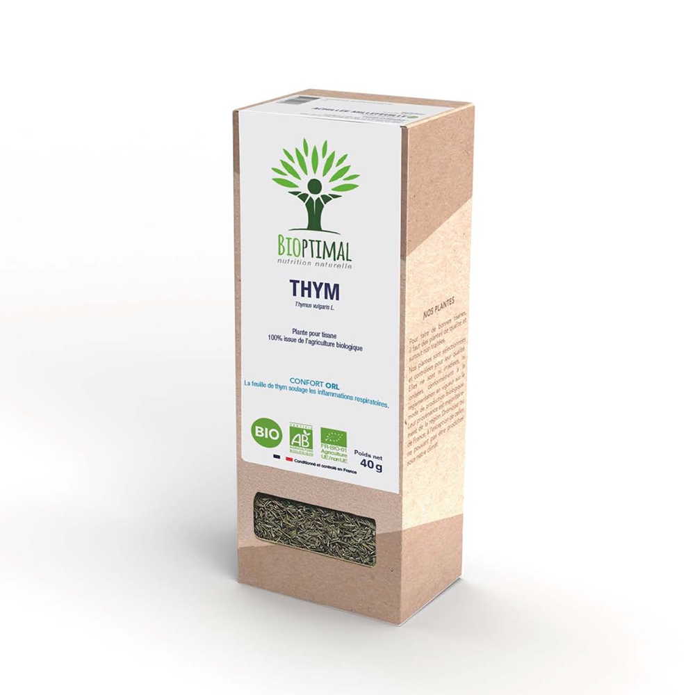 Boîte de l’infusion de thym bio Bioptimal sur fond blanc