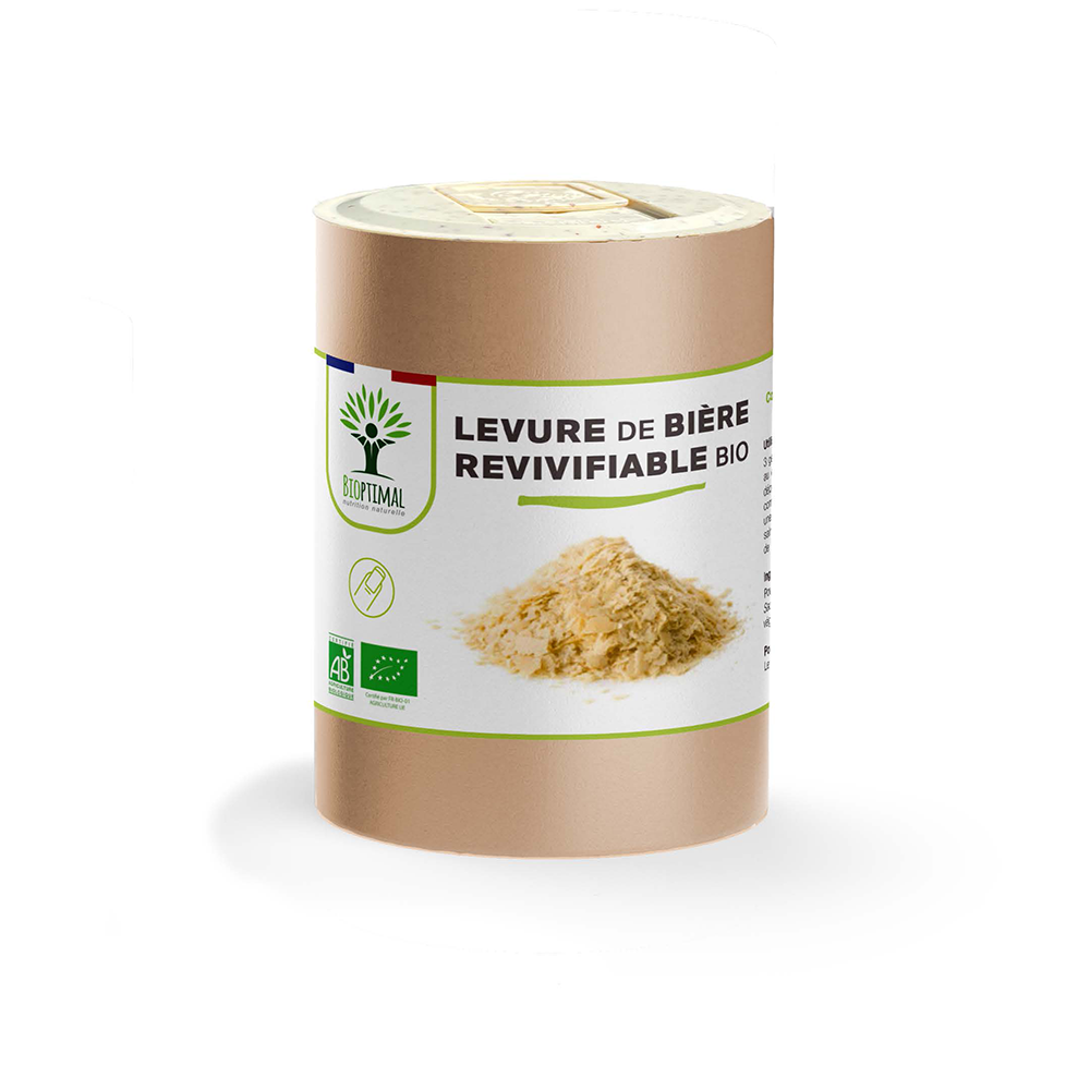 Complément alimentaire levure de bière revivifiable bio Bioptimal présenté en boîte sur fond blanc