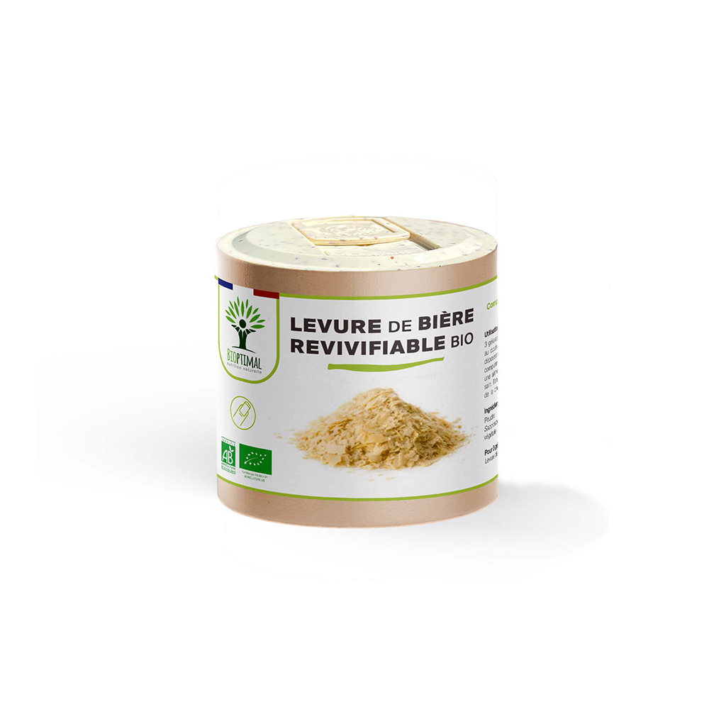 Complément alimentaire levure de bière revivifiable bio Bioptimal présenté en boîte sur fond blanc