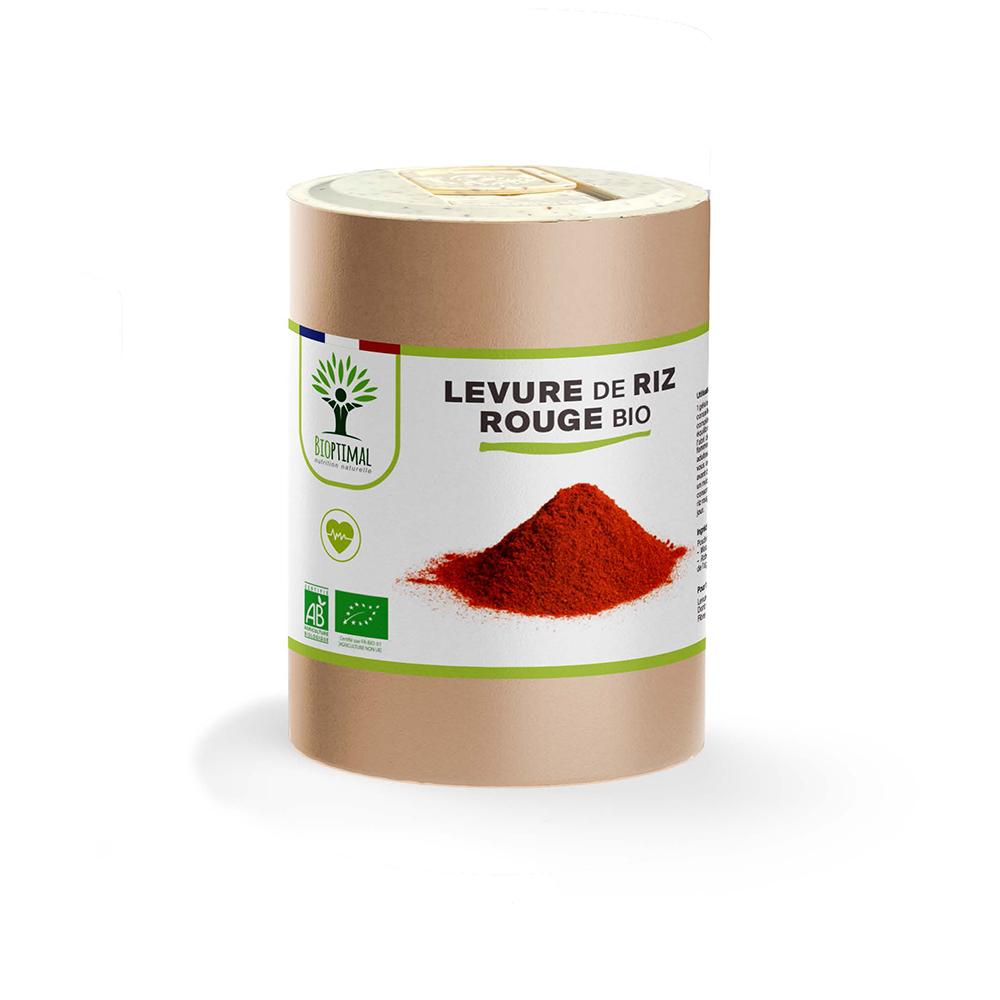 Complément alimentaire levure de riz rouge bio Bioptimal présenté en boîte sur fond blanc