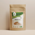 Sachet de superaliment maca Bioptimal présenté sur fond beige.