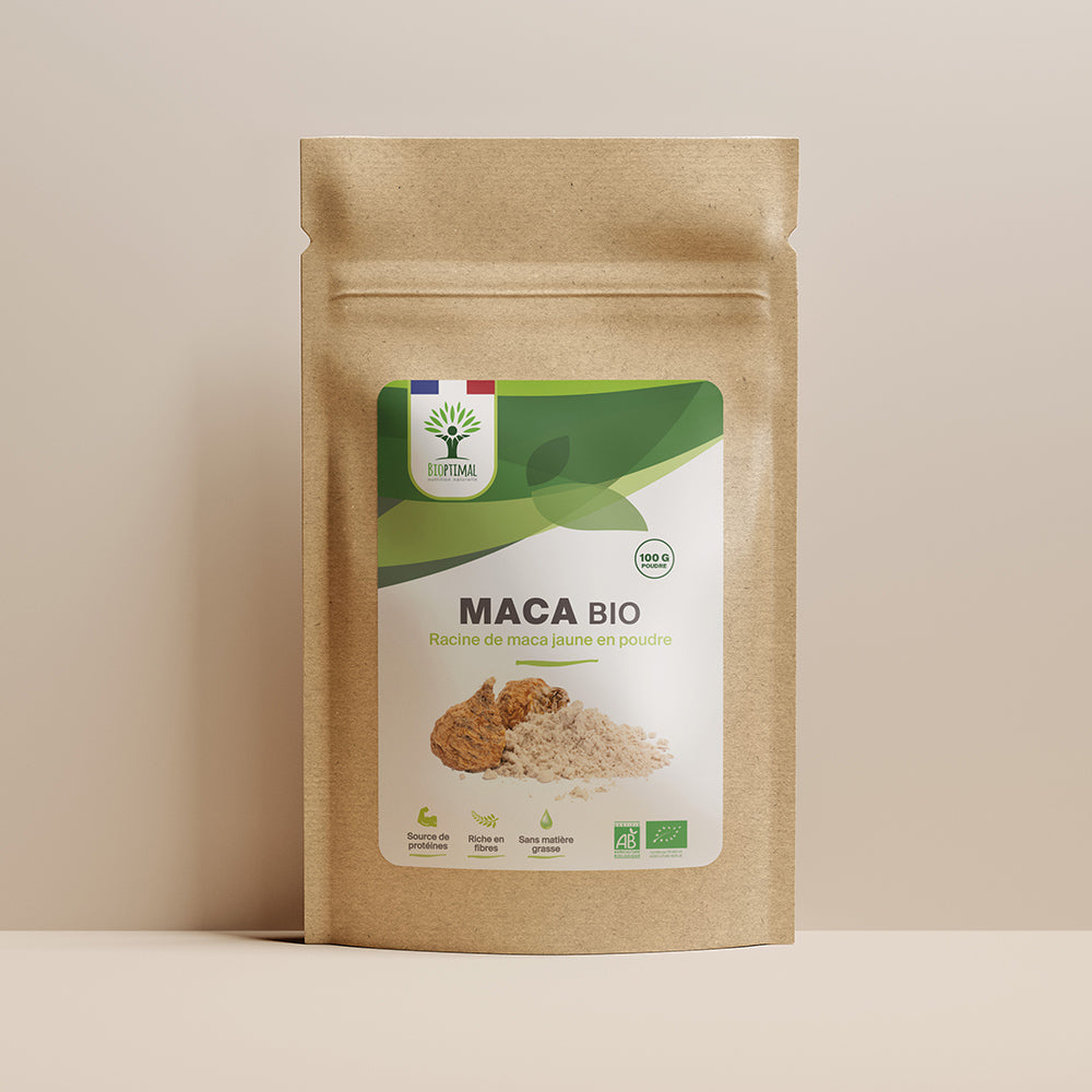 Sachet de superaliment maca Bioptimal présenté sur fond beige.
