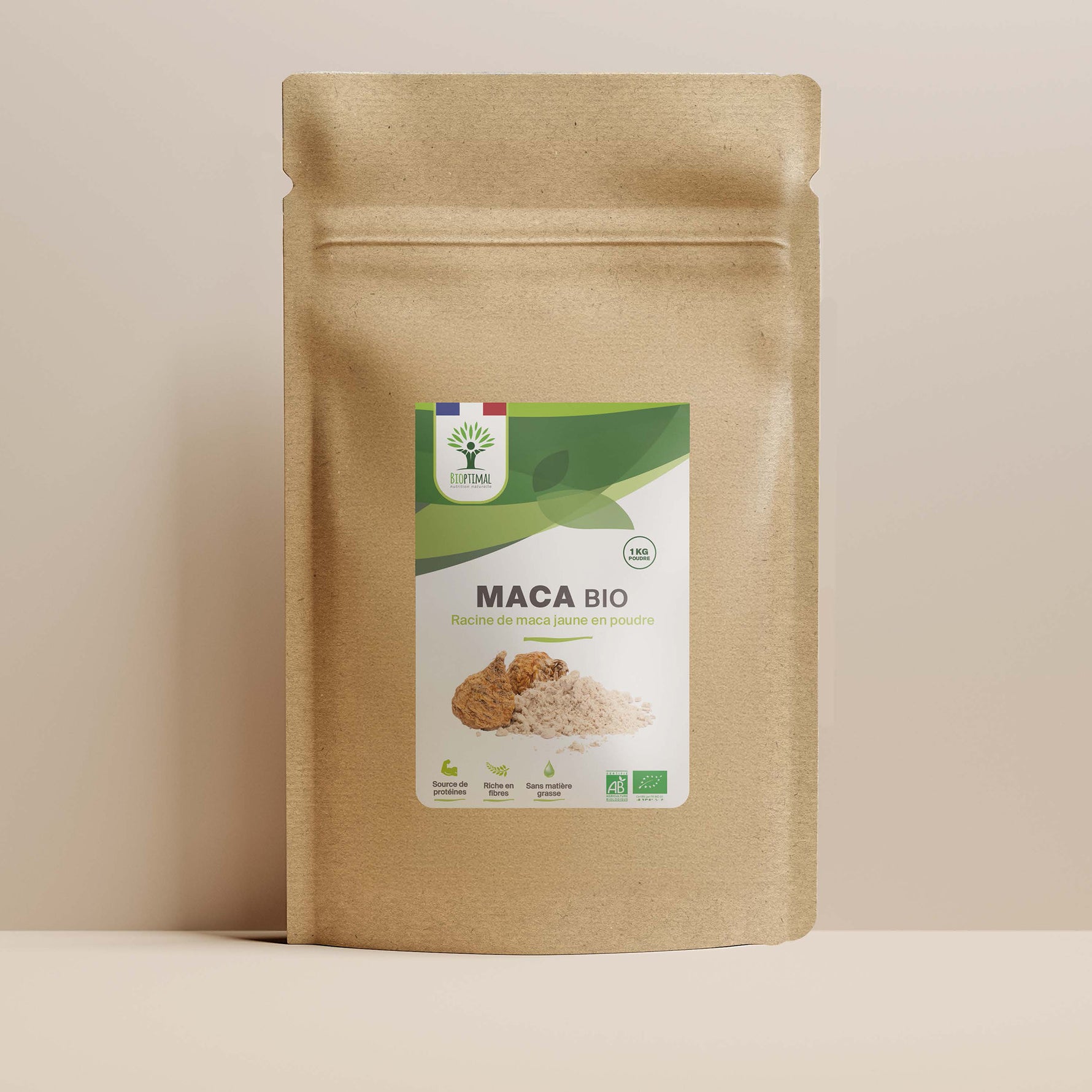 Sachet de superaliment maca Bioptimal présenté sur fond beige