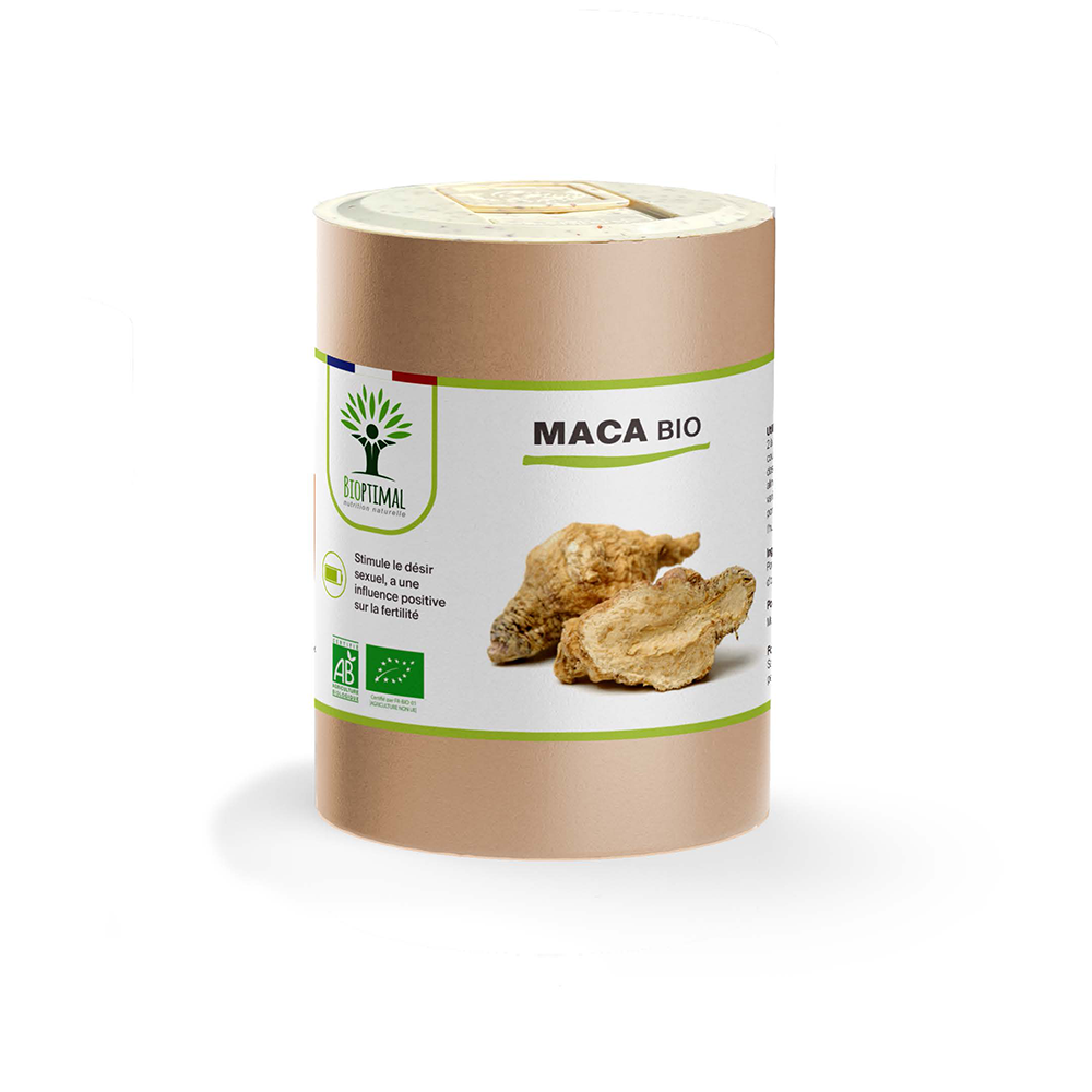 Complément alimentaire maca bio Bioptimal présenté en boîte sur fond blanc