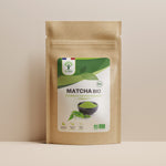 Sachet de superaliment matcha Bioptimal présenté sur fond beige.
