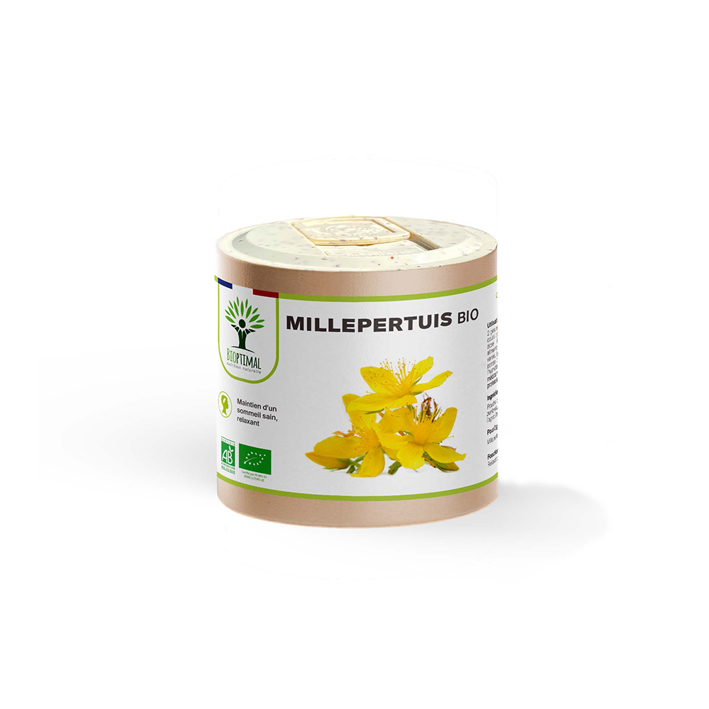 Complément alimentaire millepertuis bio Bioptimal présenté en boîte sur fond blanc