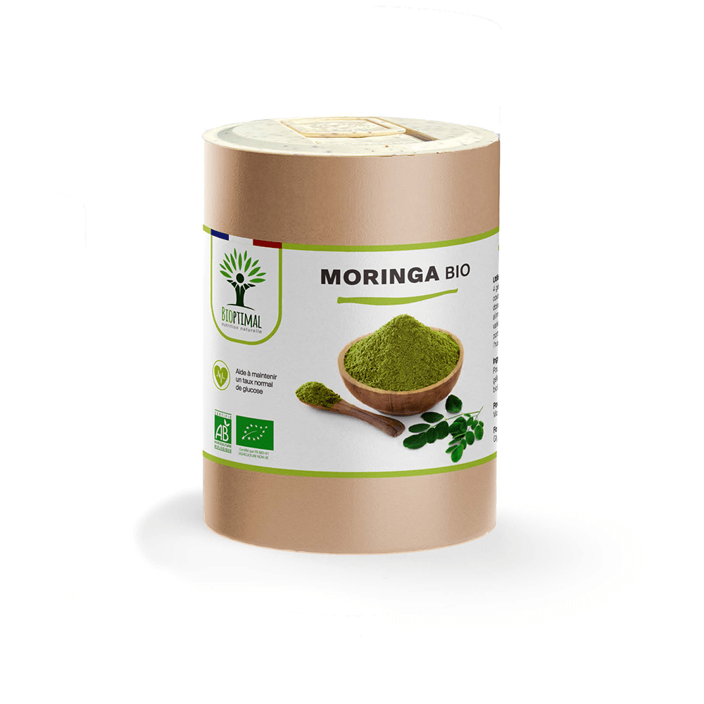 Complément alimentaire moringa bio Bioptimal présenté en boîte sur fond blanc