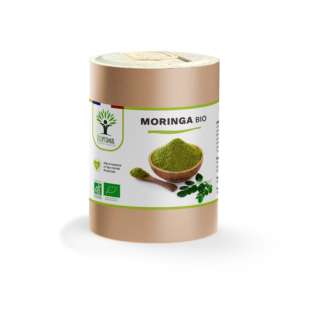 Complément alimentaire moringa bio Bioptimal présenté en boîte sur fond blanc