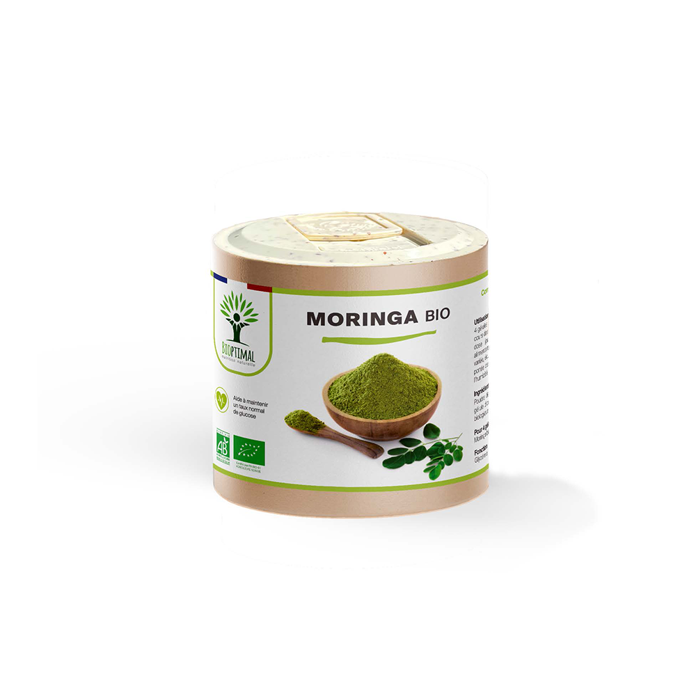 Complément alimentaire moringa bio Bioptimal présenté en boîte sur fond blanc