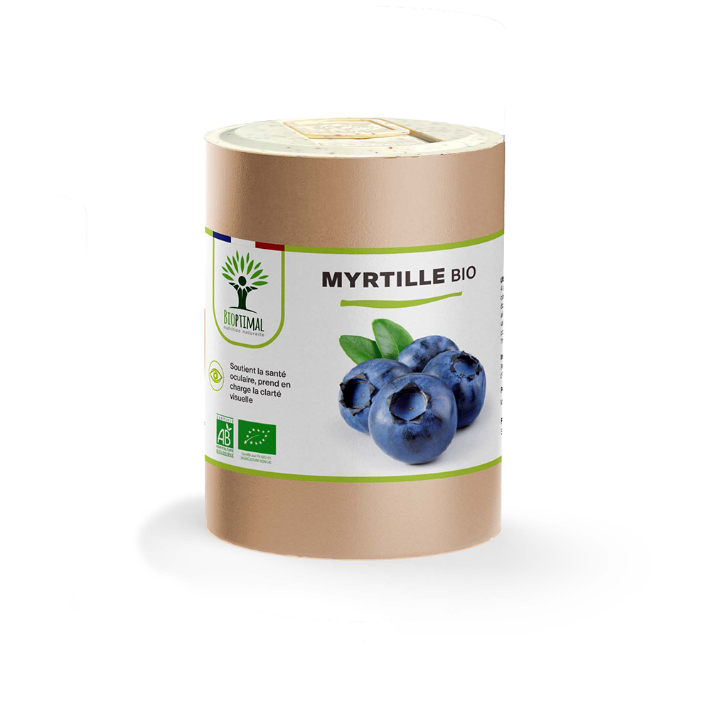 Complément alimentaire myrtille bio Bioptimal présenté en boîte sur fond blanc