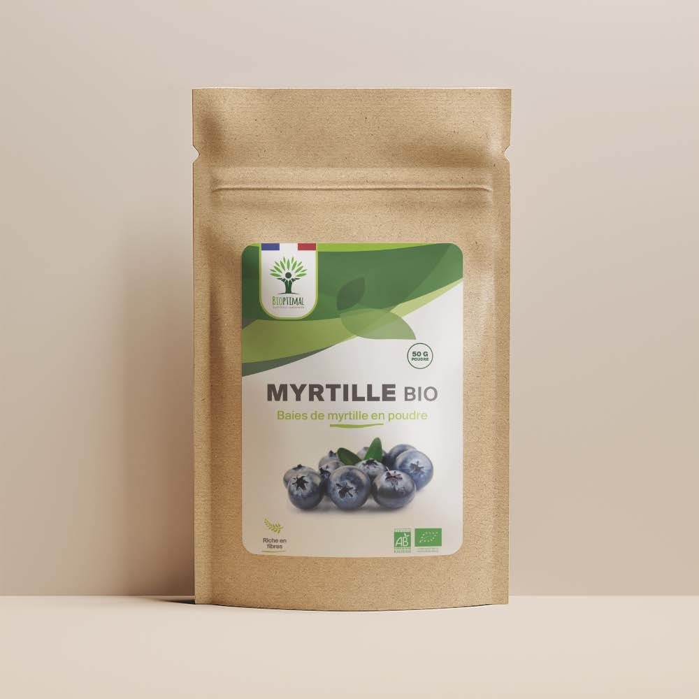 Sachet de superaliment myrtille Bioptimal présenté sur fond beige.