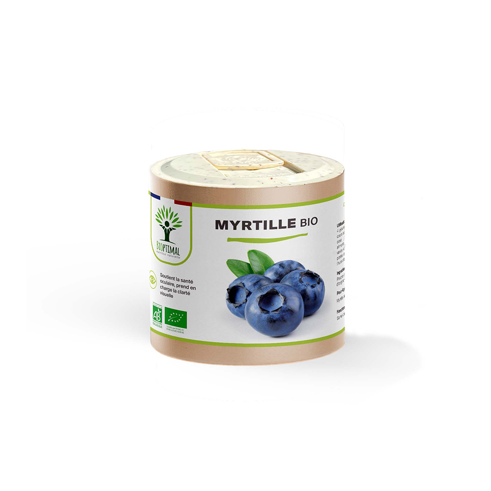 Complément alimentaire myrtille bio Bioptimal présenté en boîte sur fond blanc