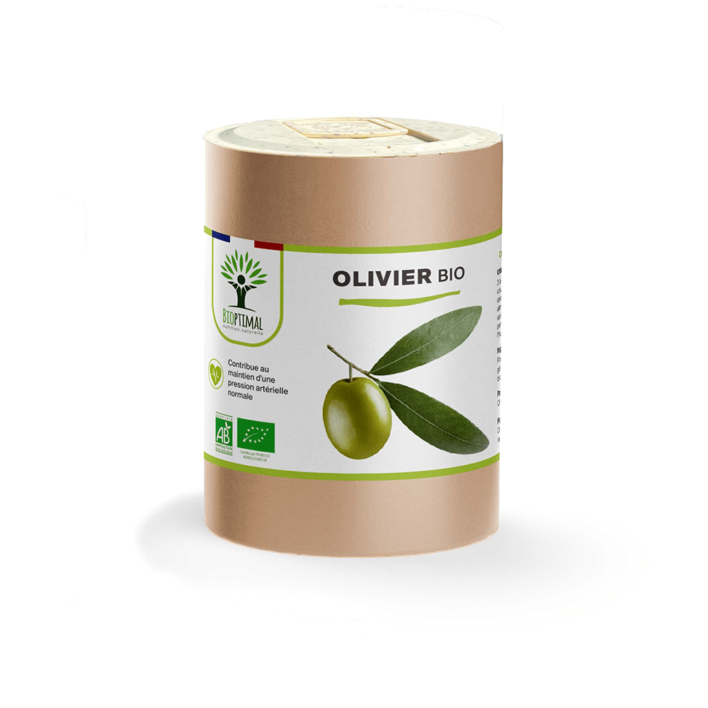 Complément alimentaire olivier bio Bioptimal présenté en boîte sur fond blanc