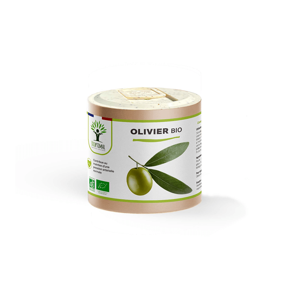Complément alimentaire olivier bio Bioptimal présenté en boîte sur fond blanc