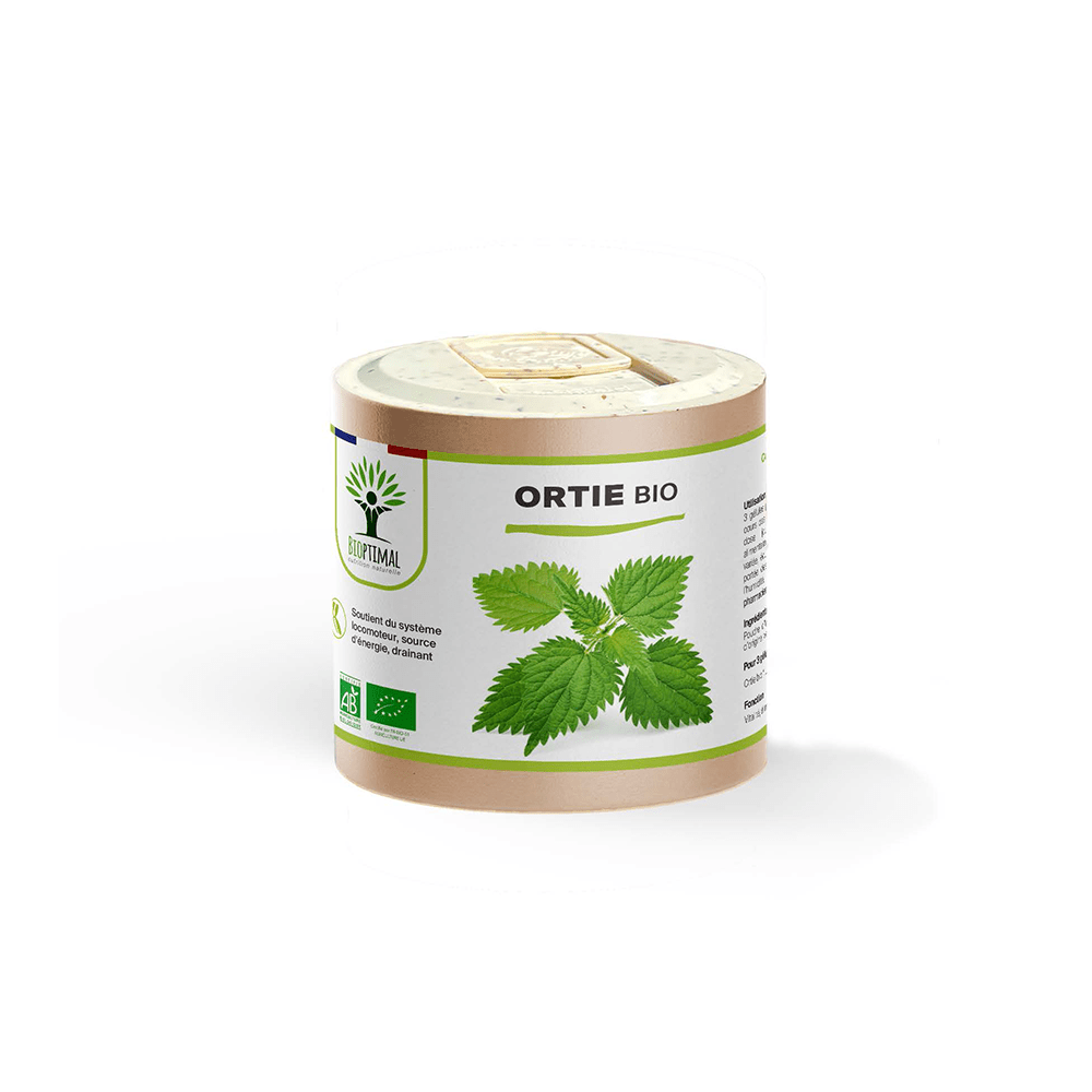 Complément alimentaire ortie bio Bioptimal présenté en boîte sur fond blanc