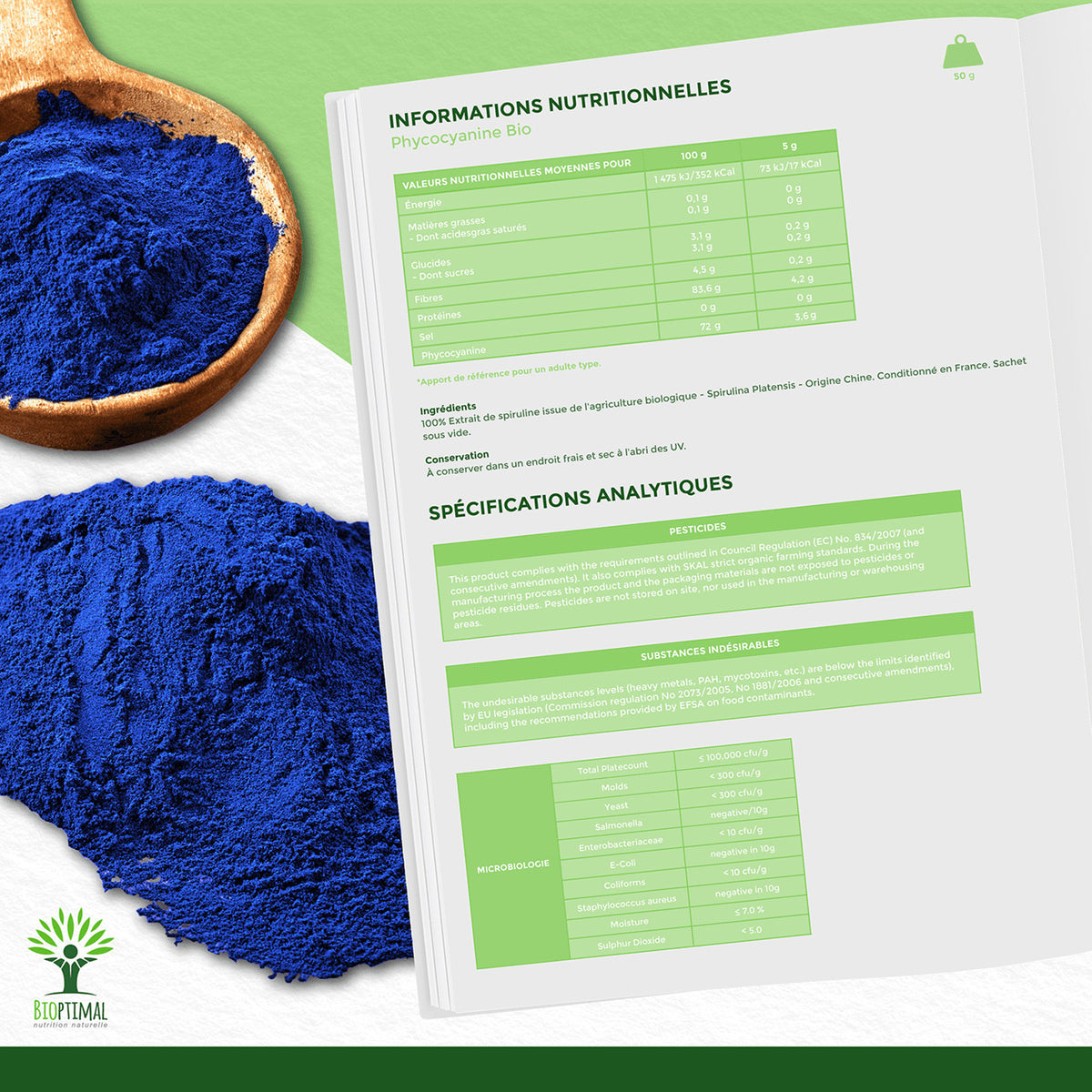 Infographie des préconisations d’utilisation de la spiruline bleue Bioptimal