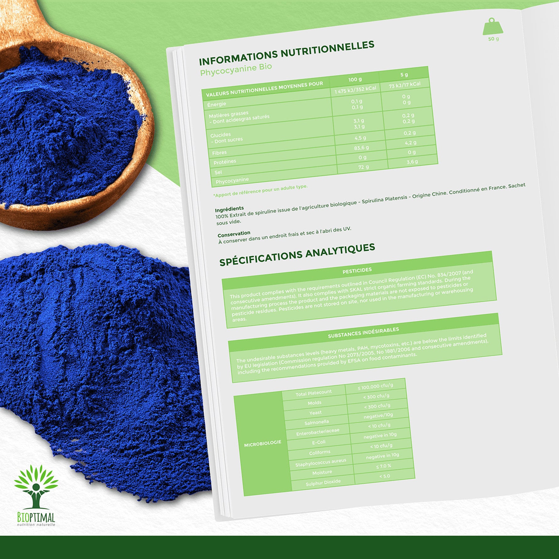 Infographie des préconisations d’utilisation de la spiruline bleue Bioptimal