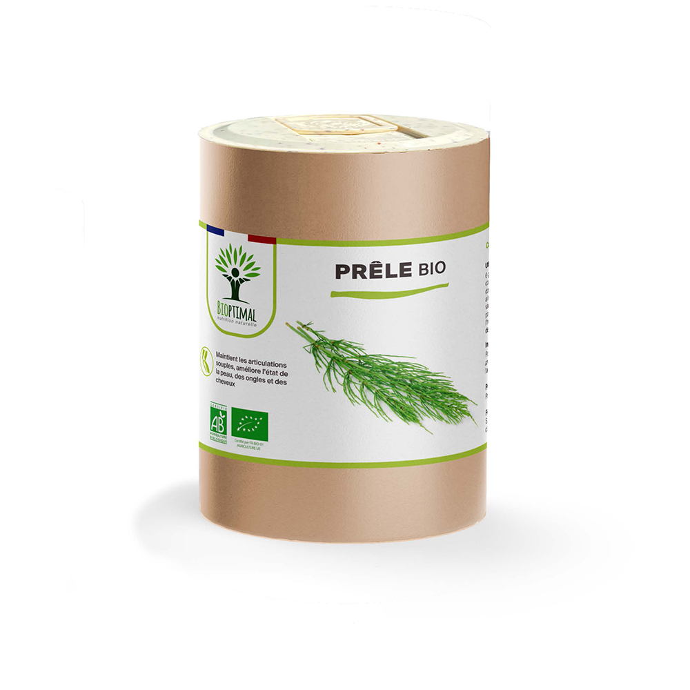 Complément alimentaire prêle bio Bioptimal présenté en boîte sur fond blanc