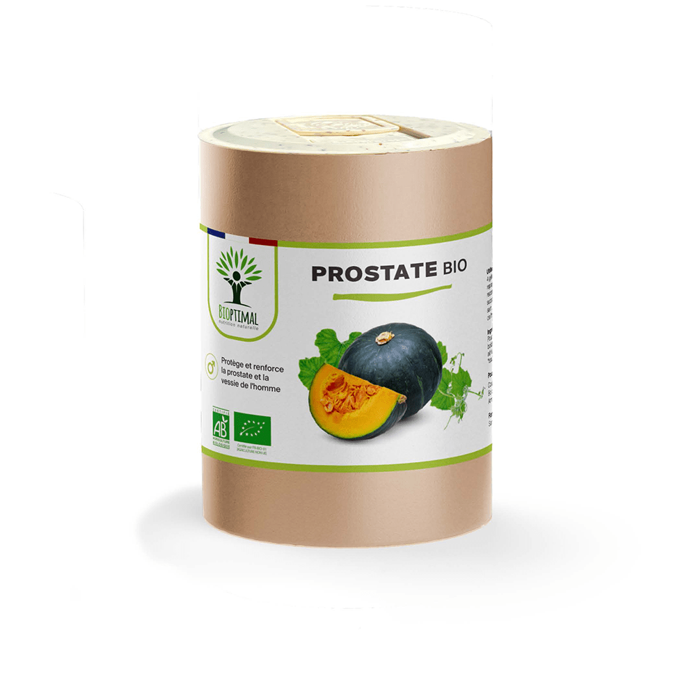 Complément alimentaire prostate bio Bioptimal présenté en boîte sur fond blanc