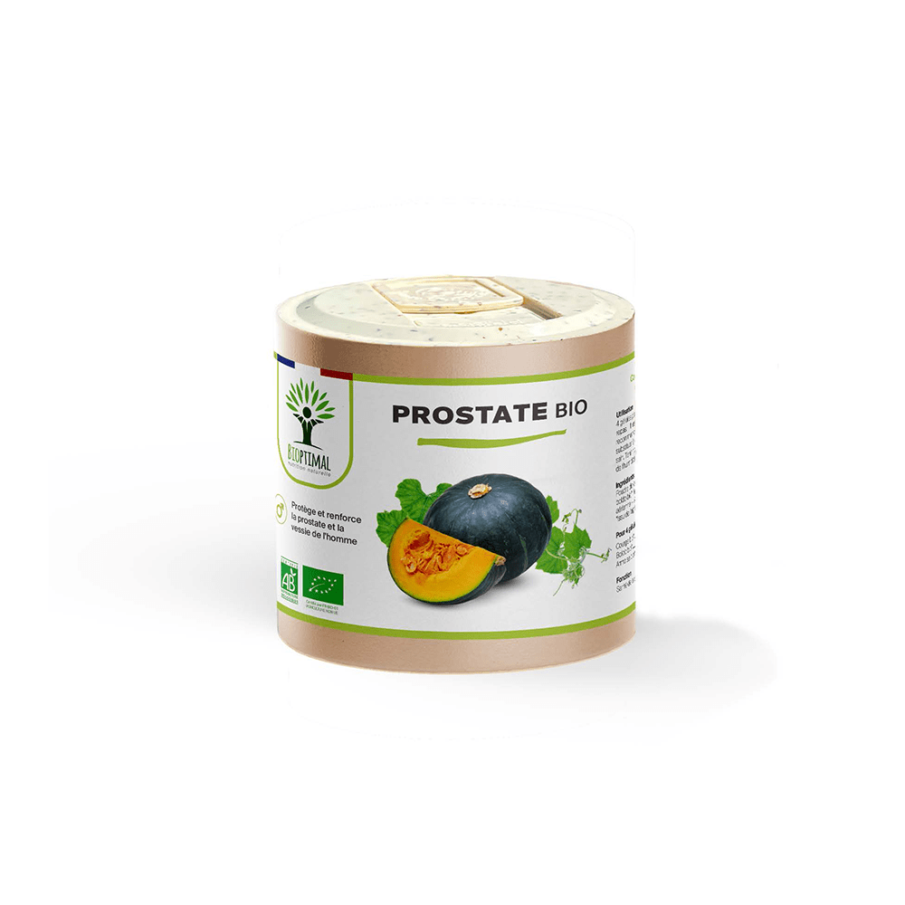 Complément alimentaire prostate bio Bioptimal présenté en boîte sur fond blanc