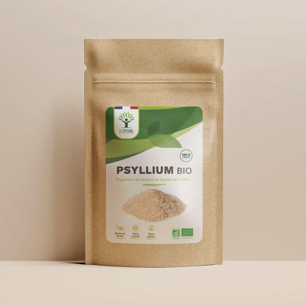 Sachet de superaliment psyllium Bioptimal présenté sur fond beige