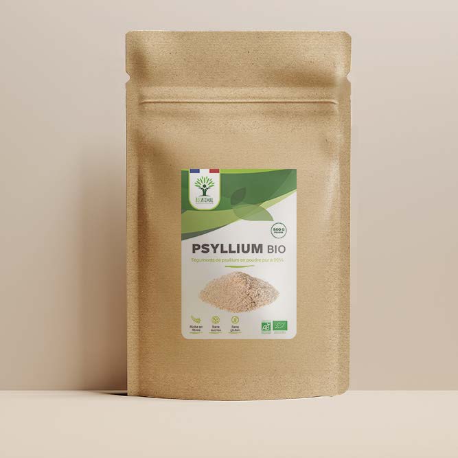 Sachet de superaliment psyllium Bioptimal présenté sur fond beige.