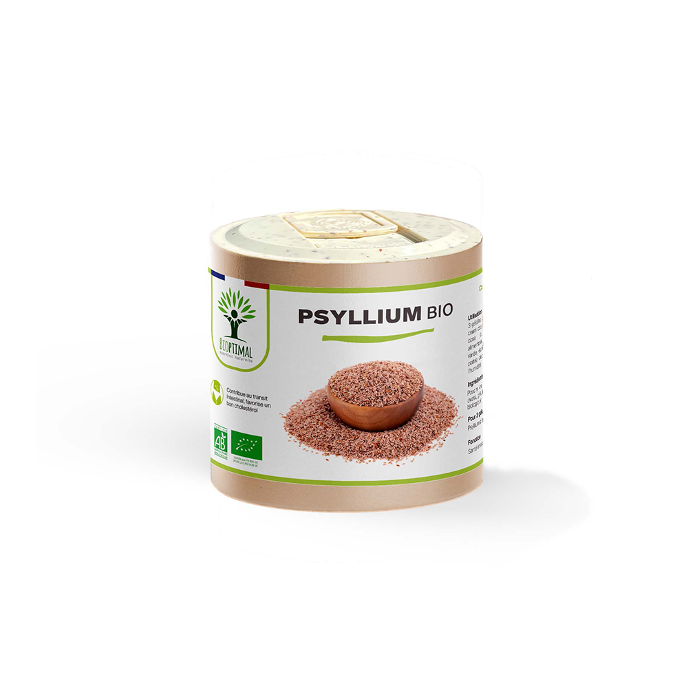 Complément alimentaire psyllium bio Bioptimal présenté en boîte sur fond blanc