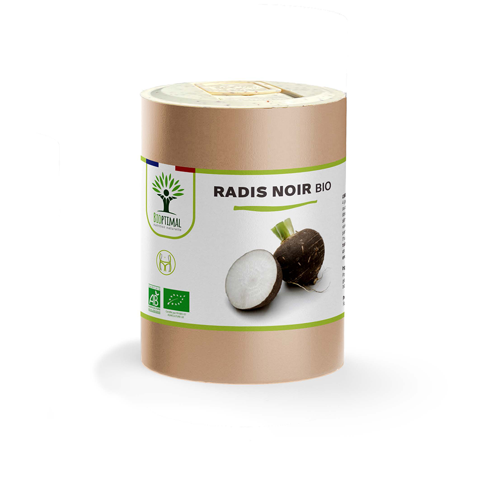 Complément alimentaire radis noir bio Bioptimal présenté en boîte sur fond blanc