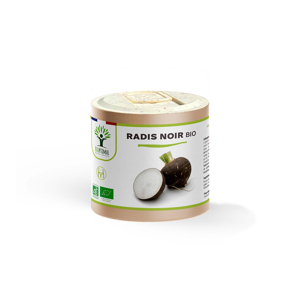 Complément alimentaire radis noir bio Bioptimal présenté en boîte sur fond blanc