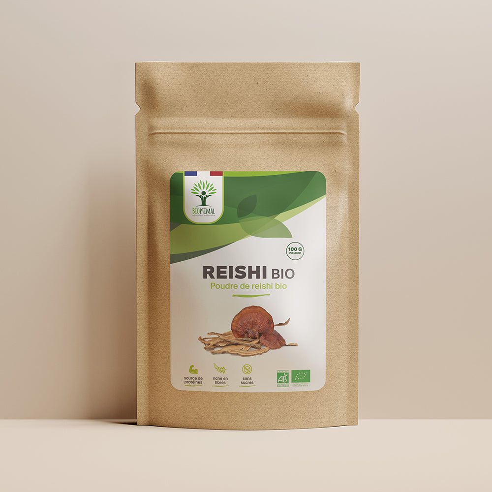 Sachet de superaliment reishi Bioptimal présenté sur fond beige.