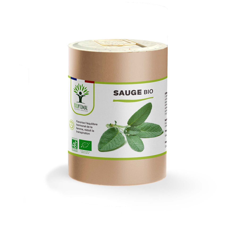 Complément alimentaire sauge bio Bioptimal présenté en boîte sur fond blanc