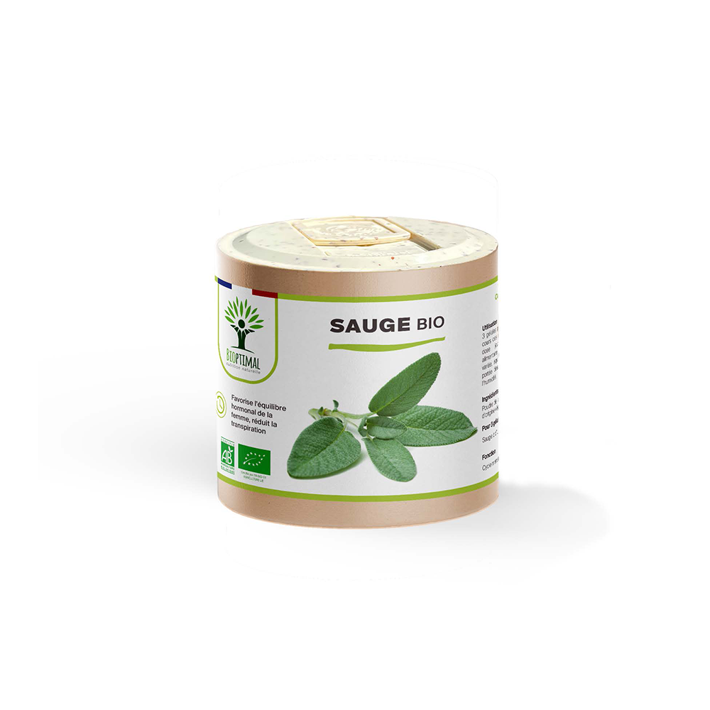 Complément alimentaire sauge bio Bioptimal présenté en boîte sur fond blanc