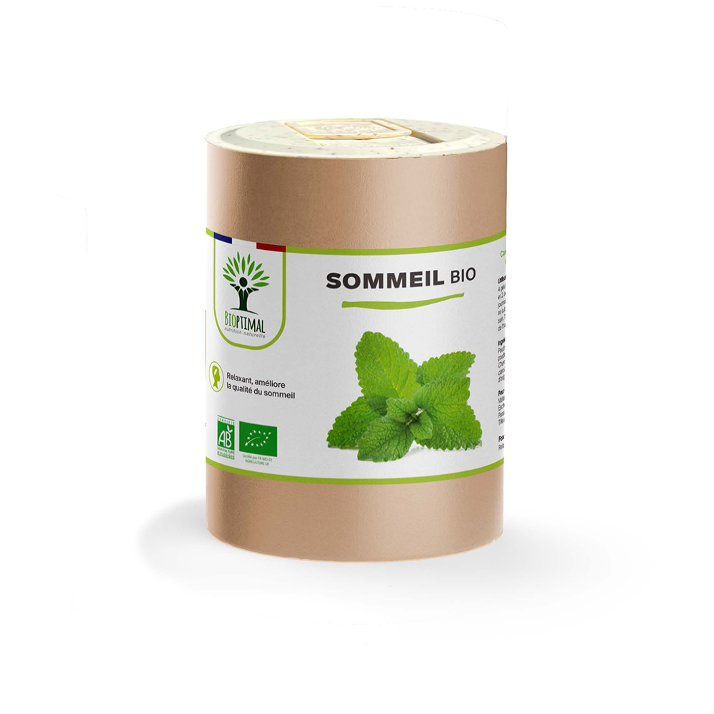 Complément alimentaire sommeil bio Bioptimal présenté en boîte sur fond blanc