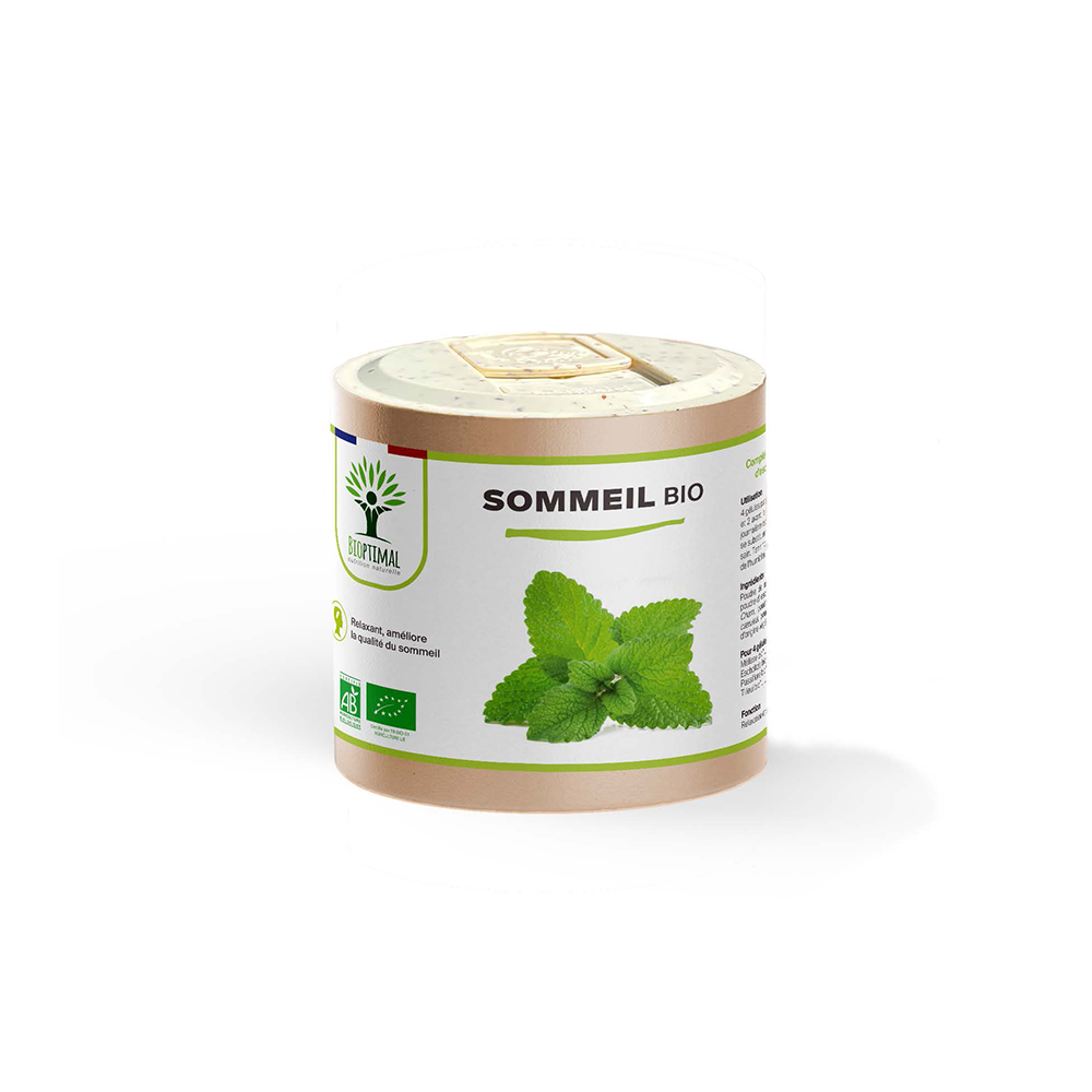 Complément alimentaire sommeil bio Bioptimal présenté en boîte sur fond blanc