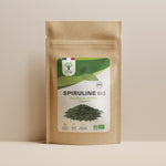 Sachet de superaliment spiruline paillettes Bioptimal présenté sur fond beige.