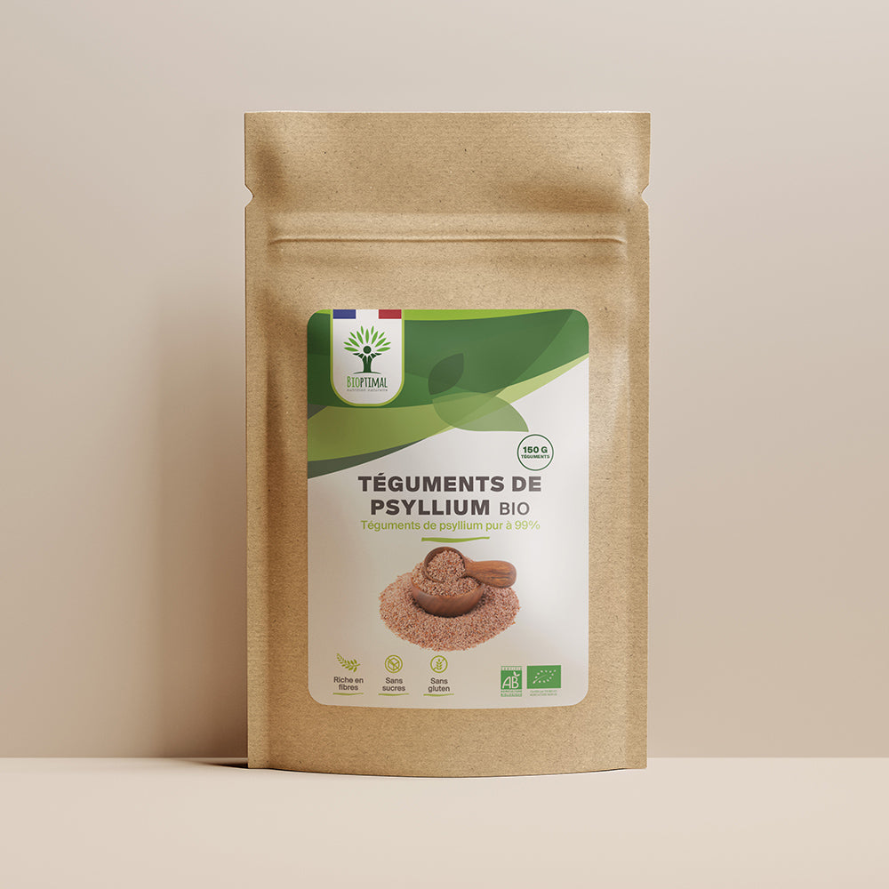 Sachet de superaliment téguments de psyllium Bioptimal présenté sur fond beige.