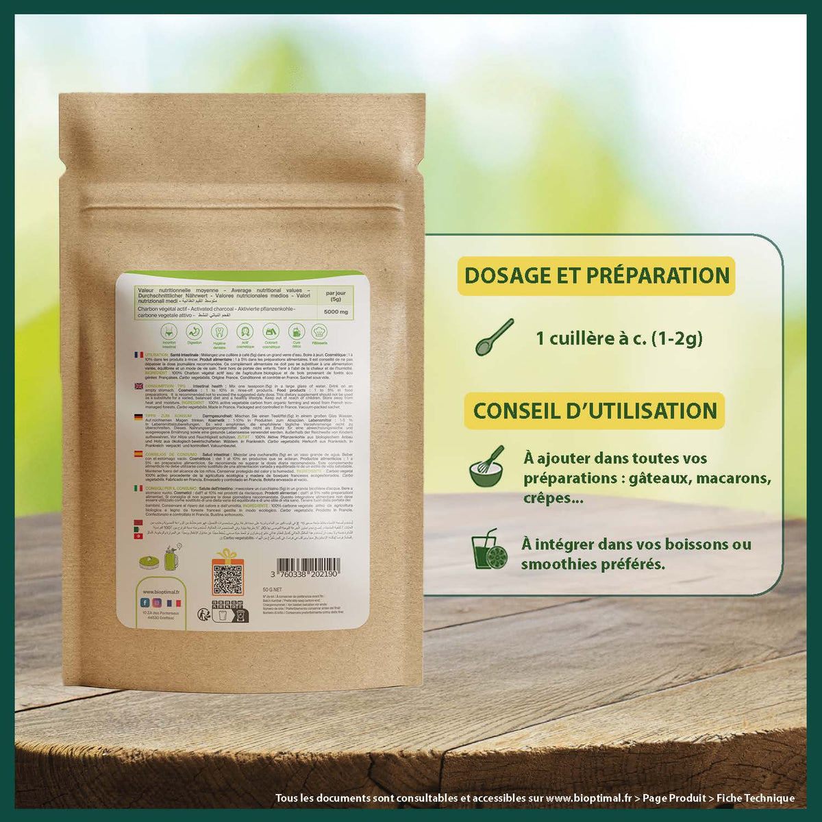 infographie charbon poudre fine. Dosage et préparation : 1 cuillere à café (1-2g). Conseil d'utilisation : A ajouter dans toutes vos préparations (gâteaux, macarons, crêpes...). A intégrer dans vos boissons ou smoothies préférés.