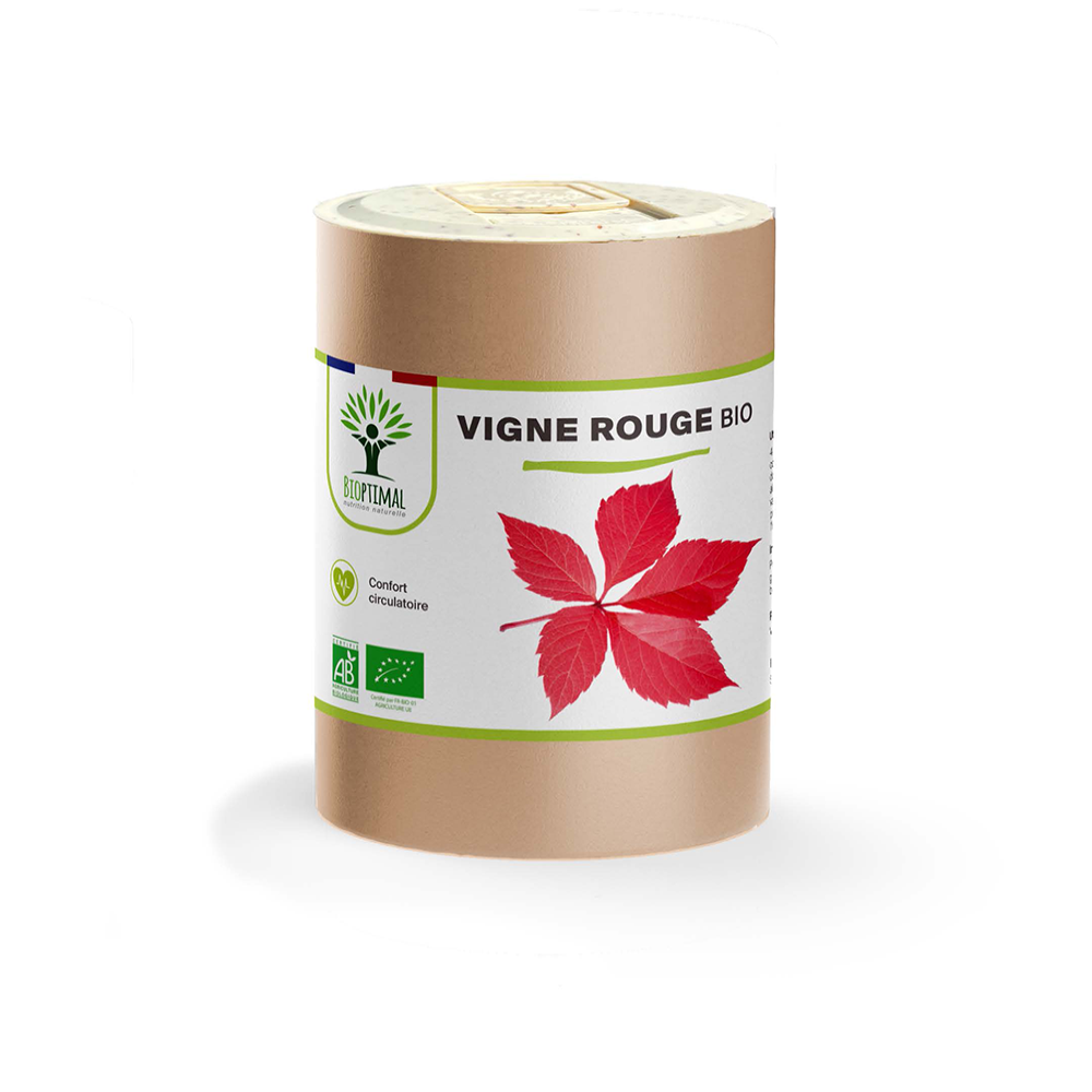 Complément alimentaire vigne rouge bio Bioptimal présenté en boîte sur fond blanc