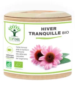 Hiver tranquille bio Bioptimal Complément alimentaire Défenses immunitaires Maux de l'Hiver Allergies Echinacée Curcuma Plantain Eucalyptus Thym Made in France Certifié par Ecocert