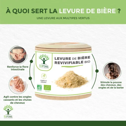 Levure de bière bio Bioptimal Complément alimentaire Digestion Ongles, cheveux, barbe Fabriqué en France Certifié par Ecocert