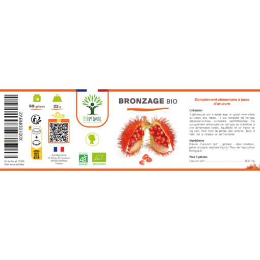 Bronzage bio Complément alimentaire Autobronzant naturel Teint hâlé Préparation au soleil Peau UV Urucum Amazon