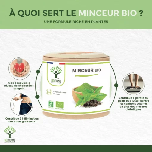 Minceur Bio - Complément alimentaire - Thé vert Guarana Artichaut - Perte de poids Brûle graisse Digestion Draineur - Fabriqué en France - Vegan