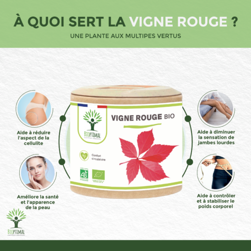 Vigne rouge bio Bioptimal Complément alimentaire Gélules Peau Saine Cellulite Jambes Lourdes Made in France Certifié par Ecocert