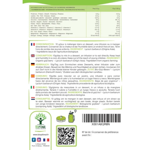 Baies de goji bio Bioptimal Fruit Sec Riche en Vitamines Energie Antioxydant Perte de Poids Sans Sucre ajouté Sans Soufre Conditionné en France Certifié Ecocert