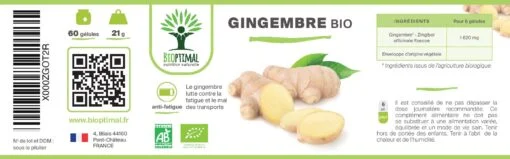 Gingembre bio Complément alimentaire Gélules Énergie Digestion Mal des transports Sexualité Racine Made in France Certifié par Ecocert