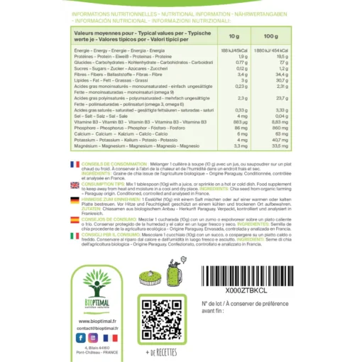 Graines de chia bio Bioptimal Superaliment Omega 3 Protéines Calcium Fibres Digestion Minceur Transit Conditionné en France Certifié par Ecocert