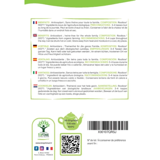 Rooibos bio Bioptimal Infusion en vrac Thé Rouge Sans Théine Sans Caféine Antioxydant 100% Pur et Naturel Conditionné en France Certification Ecocert